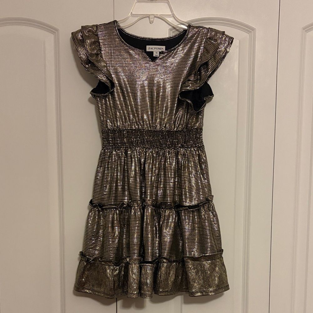 Zac Posen Girl's Shiny Silver Ruffle Dress Size 10